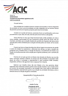 ACIC ENCAMINHA CARTA AO GOVERNADOR DO ESTADO CONTRA AUMENTO DE IMPOSTOS