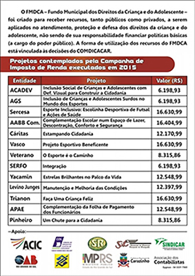 CAMPANHA DE DESTINAÇÃO DE INCENTIVOS FISCAIS DO IMPOSTO DE RENDA COMEÇA NESTA QUARTA-FEIRA