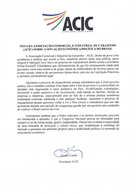 NOTA DA ASSOCIAÇÃO COMERCIAL E INDUSTRIAL DE CARAZINHO (ACIC) SOBRE A SITUAÇÃO ECONÔMICA/POLÍTICA DO BRASIL