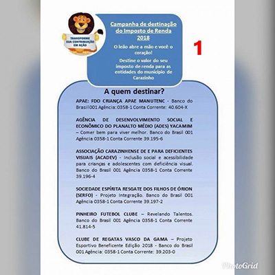 CAMPANHA DE DESTINAÇÃO DO IMPOSTO DE RENDA 2018!